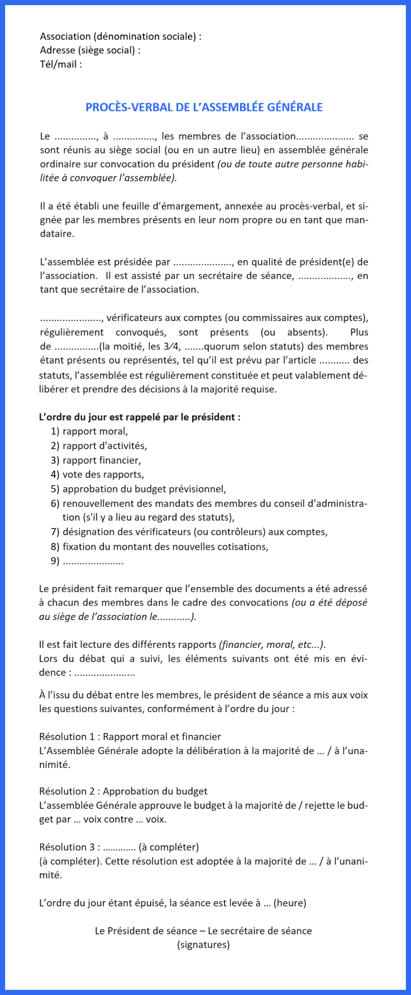 Modèle Pv Assemblée Générale Association Changement Bureau
